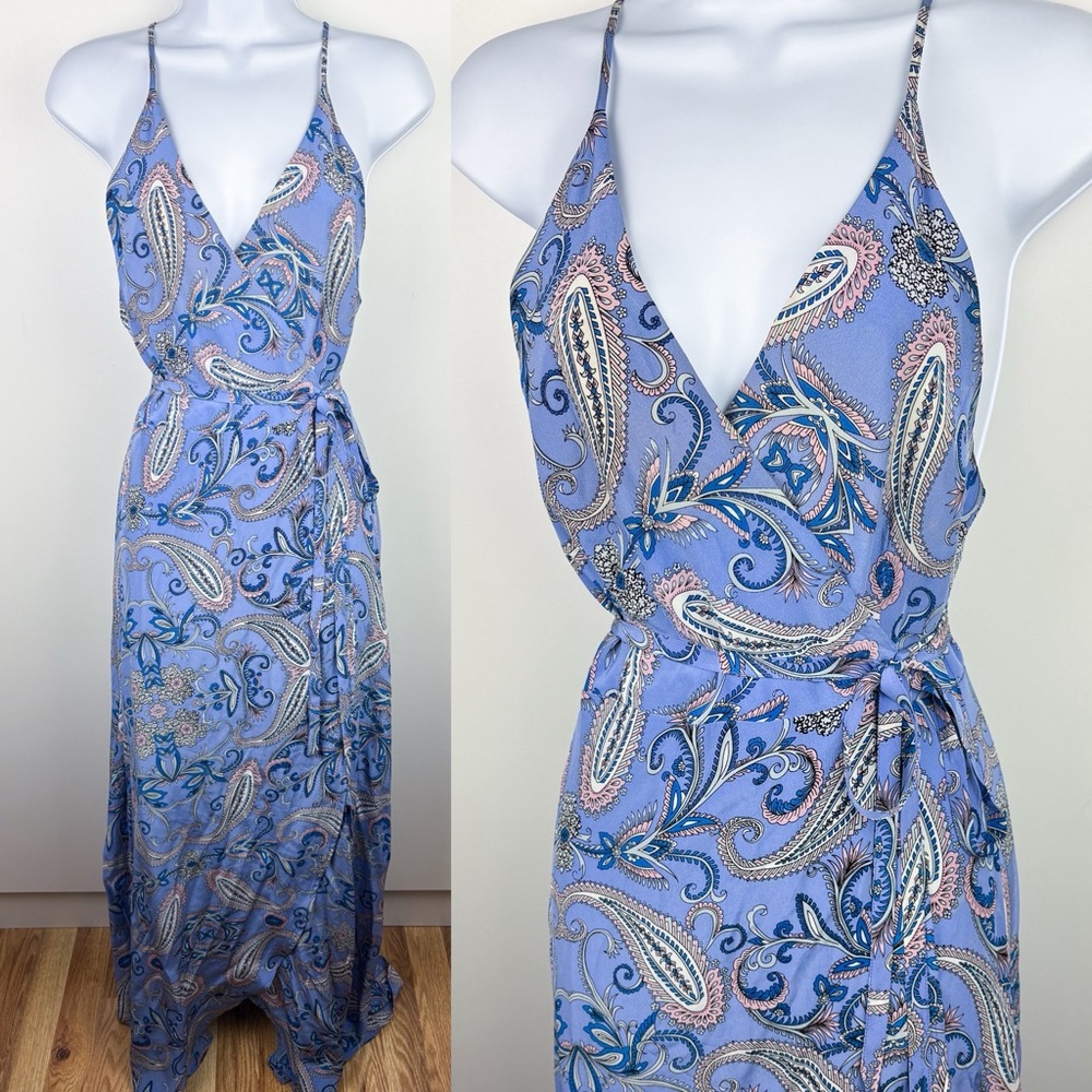 Yumi Kim 100% Silk Paisley Blue Criss Cross Open Back Maxi Wrap Dress Small